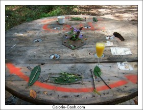 I found this spool decorated in the woods and added the orange juice.
